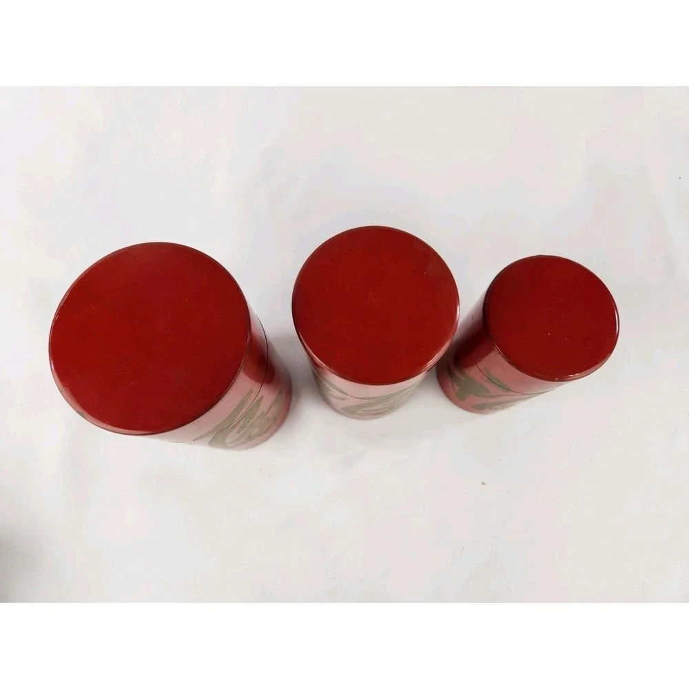 Vintage‎ Metal Nesting Canisters Set 3 Japanese Tole Tea Japan Red Hand Painted